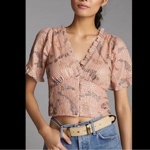 NWT Anthropologie Sequinned V-Neck Blouse